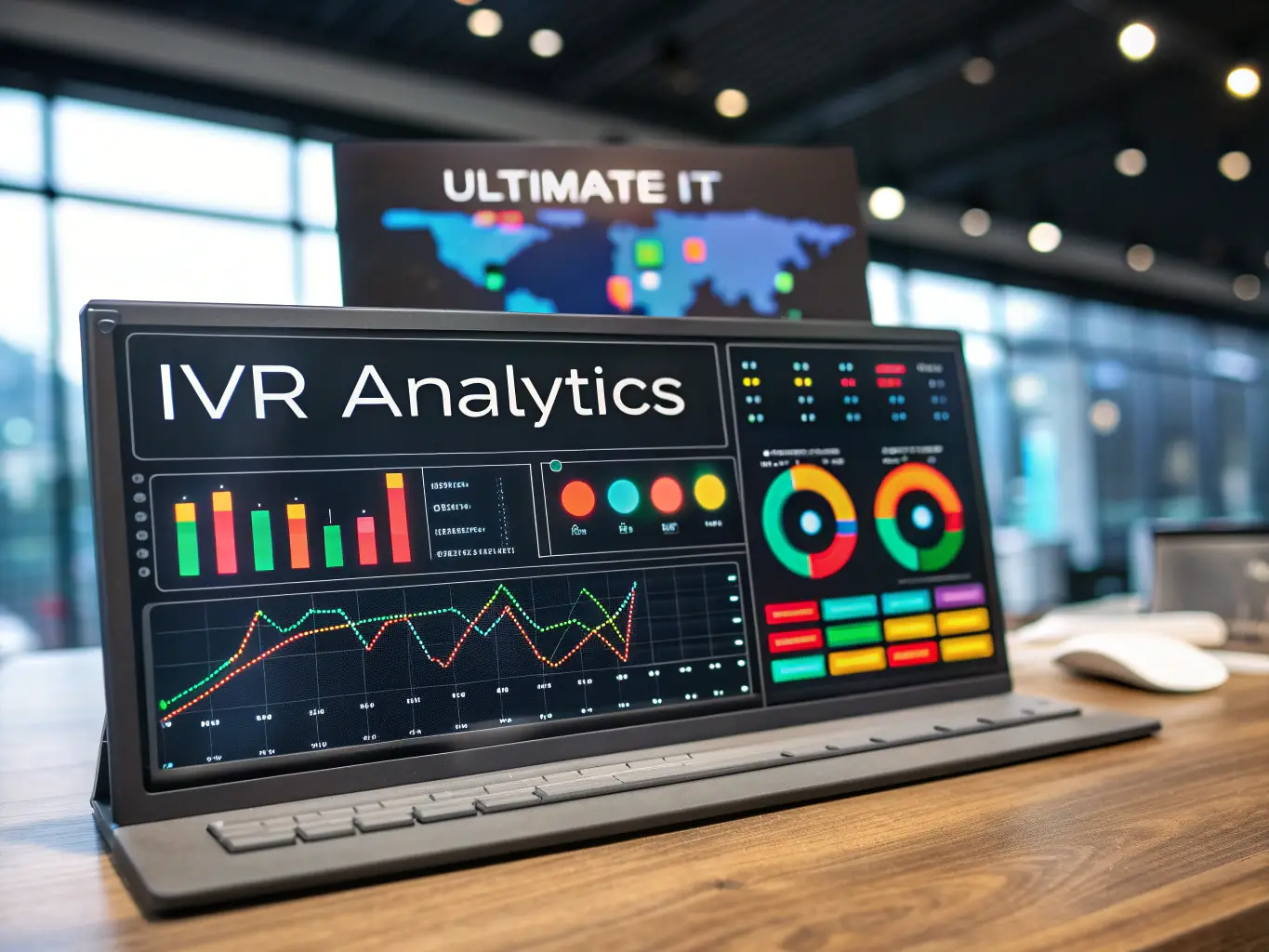 An image showing a dashboard with IVR analytics data, including charts, graphs, and key performance indicators, illustrating the insights provided by Ultimate IT's IVR Analytics service.