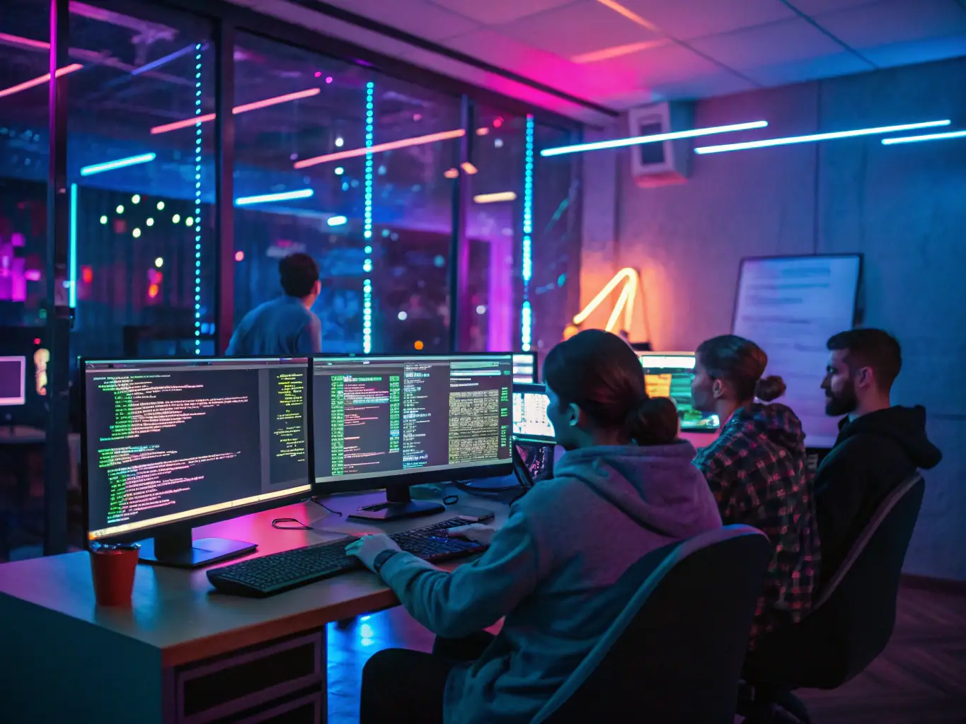 An image showcasing a team of developers working on IVR software, surrounded by monitors displaying code and system diagrams, emphasizing the technical expertise behind Ultimate IT's IVR Development service.